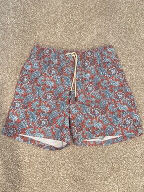 Fair Harbor Red and Blue Paisley Swim Trunks